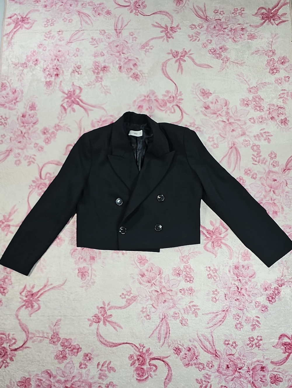 Mango MNG Womens Black Cropped Double Breasted Blazer Jacket Size S Peaked Lapel